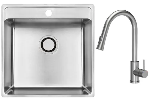 VBChome Edelstahlspüle mit Armatur 49x48x21 cm – Hochwertige Einbauspüle - Sanitäranlagen & Zubehör – Robuste Edelstahlspüle mit schallisoliertem Becken und einfacher Installation dank QFix-Montagesystem, ideal für moderne Küchen.