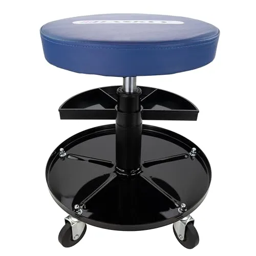 HASKYY Werkstatthocker Werkstattstuhl Arbeitshocker BLAU Stuhl Sitz mit 5 Rollen 2 Ablagen 410-540mm höhenverstellbar Werkstattsitz Rollhocker