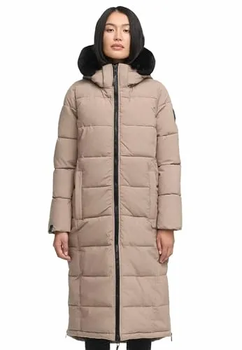 Navahoo Damen Wintermantel (XS-XXL) - Kapuze & Fell abnehmbar, Teddyfell innen, Lange Winterjacke, Warme Jacke Frauen B990 (XS, Taupe-Grey)