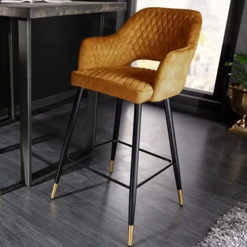 LEBENSwohnART Design Barhocker France senf-gelb Ziersteppung Armlehnen Retro