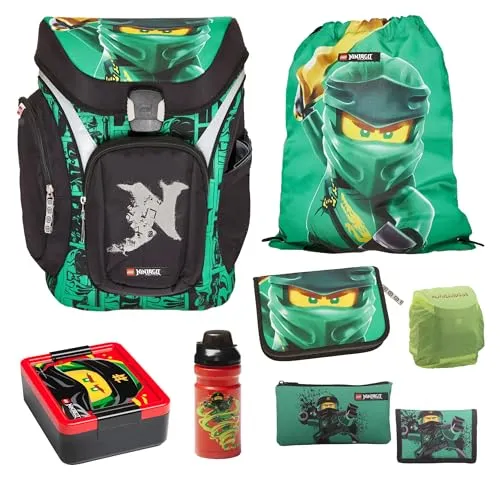 Familando Lego Ninjago Schulranzen Explorer Golden Power 8-tlg. Set - Schulranzen-Set für die 1. Klasse mit leichtem Design (1.250g) und 24L Volumen; inklusive Federmappe, Trinkflasche und Regenschutz – ideal für den Schulstart!