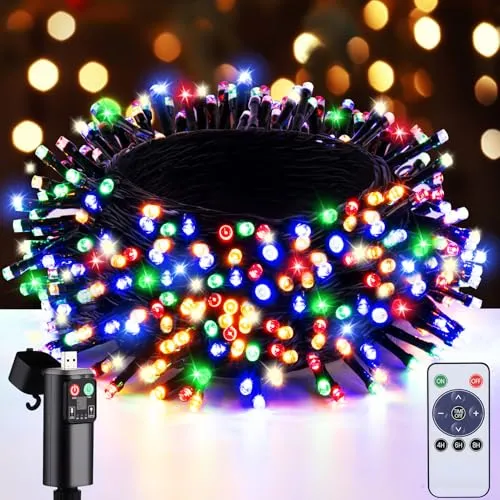 LED Lichterkette Weihnachtsbaum Außen Batterie - 15M 150LED USB Wiederaufladbar Weihnachtsleuchten Aussen Bunt Mit Fernbedienung/Timer, Wasserdicht Cluster Lichterkette Für Balkon Garten Party