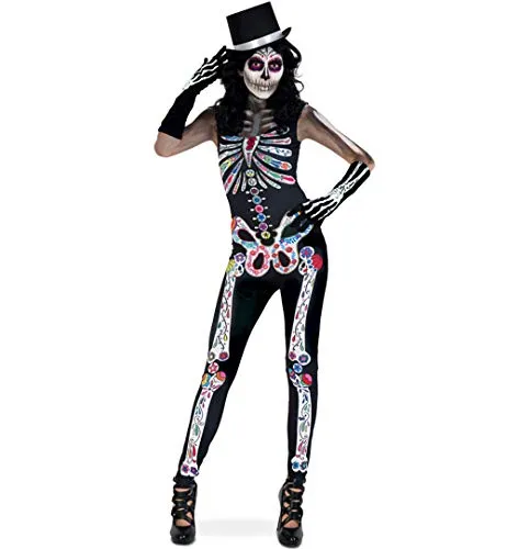 Party-Chic Damen Jumpsuit Skelett Catrina - Gr. S - Jumpsuits für Damen, fröhlich-buntes Skelett-Design für einen einzigartigen Auftritt zum Tag der Toten, aus 100% Polyester für optimalen Tragekomfort.
