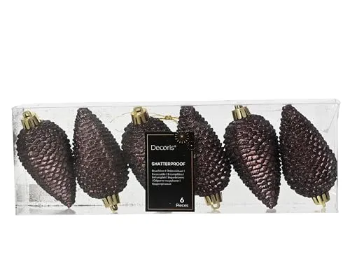 Kaemingk Christbaumschmuck Zapfen 8cm Kunststoff 6 Stück - bruchsicher & mit Glitzer - Christbaumkugeln Weihnachtsbaumkugeln - Weihnachtsbaumschmuck - Schwarze Trüffel