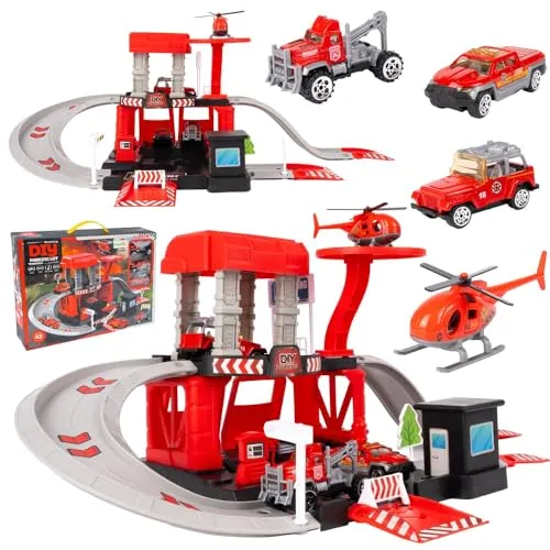 Malplay Parkhaus Feuerwache Basis Set mit 3 Autos Hubschrauber Feuerwehr ab 3 Jahren Geschenk