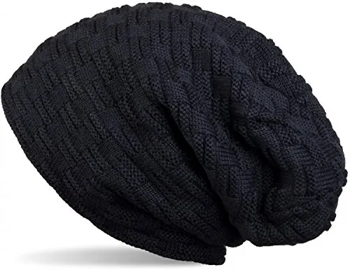 styleBREAKER Feinstrick Longbeanie Mütze mit Flecht Muster und warmem Fleece Innenfutter | Winter Strickmütze Unisex elastisch weich bequem warm, Farbe:Midnight-Blue