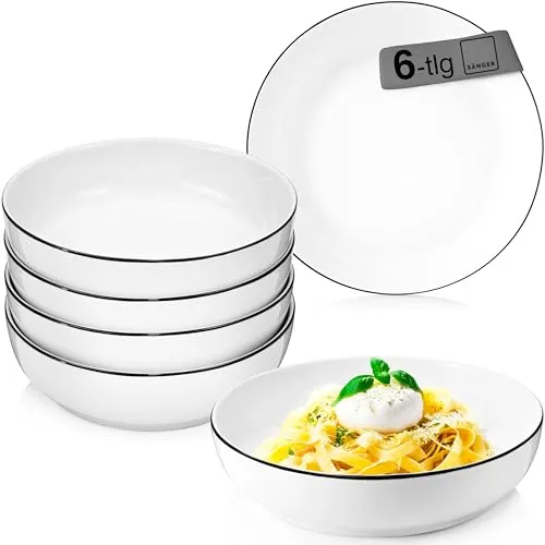 SÄNGER Pastaschalen Marlo Black Rim 6 tlg - Elegantes Porzellan Schüssel Set für 6 Personen, spülmaschinenfest und ideal für Pasta, Bowls und Salate. Mit modernem Design und großzügigem Volumen von 850 ml.