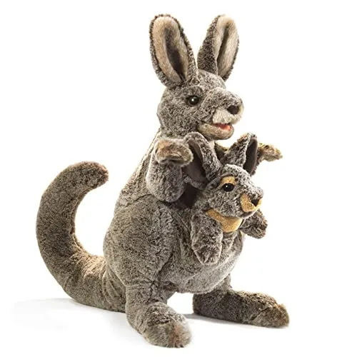 Känguru mit Baby - Handpuppe von Folkmanis - Handpuppen-Kombination mit herausnehmbarem Baby, das auch als Fingerpuppe spielbar ist, ideal für kreatives Spiel und Geschichtenerzählen.