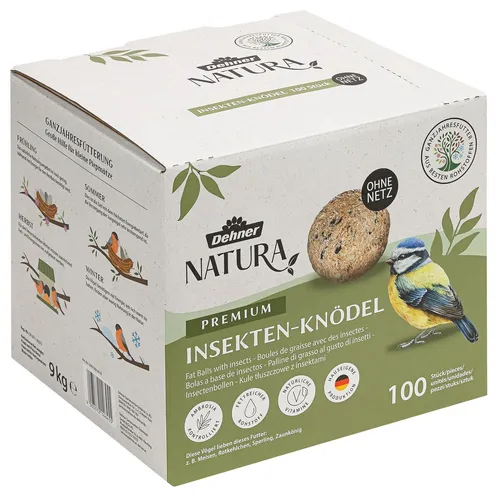 Dehner Natura Premium Insektenknödel ohne Netz - Vogelhauptfutter, proteinreich und energiereich, ideal für ganzjährige Fütterung. 100 Knödel im recycelbaren Karton, perfekt für Körner- und Weichfutterfresser.