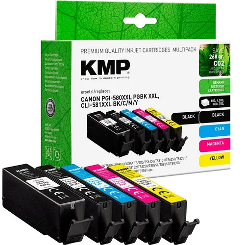 KMP Tintenpatronen Set: 1x pigmentschwarz, 1x schwarz, 1x cyan, 1x magenta, 1x gelb - Tintenpatronen für lebendige Druckergebnisse, ideal für Zuhause und Büro, hohe Seitenleistung und brillante Farben.
