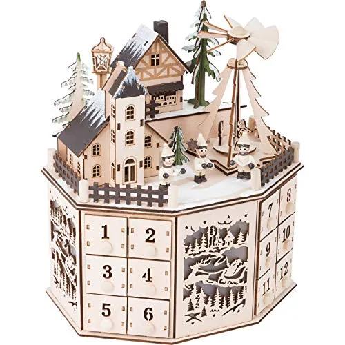Adventskalender mit Pyramide - Braun - Adventskalender mit Pyramide, zaubert eine magische Weihnachtslandschaft mit beleuchteten historischen Häusern und einer elektrisch betriebenen Weihnachtspyramide. Ideal für die ganze Familie!
