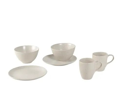 Broste Copenhagen Nordic Vanilla Frühstücksset für Zwei - Elegantes Frühstücksset aus hochwertigem Steingut mit reaktiver Glasur, ideal für Paare. Beinhaltet Becher, Teller und Bowls – perfekt für jeden Anlass und pflegeleicht.