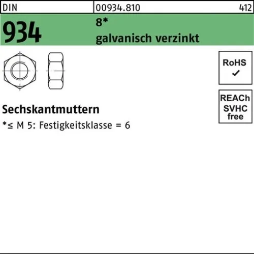 100er PACK(Stk)  000934081009080000 Sechskantmutter DIN 934 M 8 8 galvanisch ver