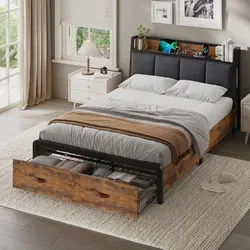 KIMENICH Metallbett 140x200 cm mit Ladestation und Schubladen - Modernes Metallbett in Schwarz und Vintage Braun mit praktischer Ladestation und 2 geräumigen Schubladen für zusätzlichen Stauraum. Stabiler Rahmen für optimalen Schlafkomfort.