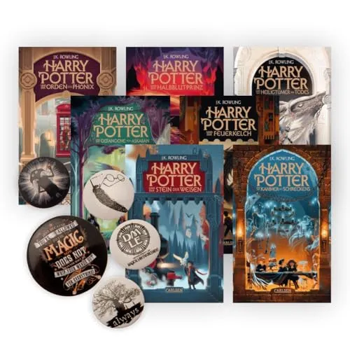 Harry Potter Set Band 1-7 Neuausgabe mit Button Badge Pack - Bücher, umfassende Sammlung der Harry Potter Reihe in hochwertiger Neuausgabe, inklusive exklusivem Button Badge Pack für Fans.