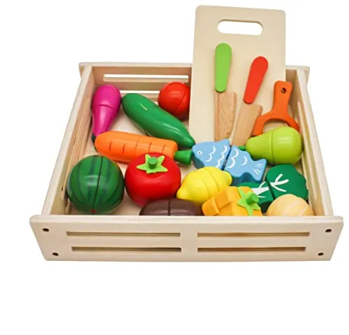 Mamabrum Spielküche Obst und Gemüse aus Holz - 17-teiliges Spielset für kreative Kinder - Spielzeugküche für Kinder mit 17 Holz-Obst- und Gemüseelementen zum Schneiden. Fördert Kreativität und Feinmotorik. Ideal für Rollenspiele und sicheres Spielen dank ungiftiger Materialien.