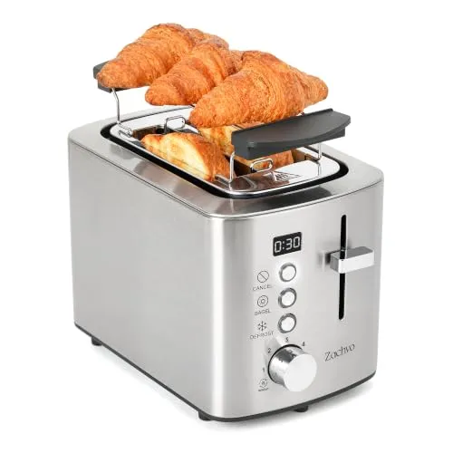 Edelstahl 2 Scheiben Toaster mit LED-Countdown & Brötchenaufsatz mit 2 Auflagestreben, 6 Bräunungsstufen, Auftauen, Aufwärmen und Stopp-Funktion,herausnehmbare Krümelschublade, 1,1 m Kabel, Silber