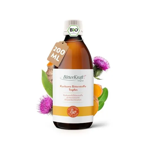 BitterKraft! Original Kurkuma Bitterstoffe Tropfen 200ml – BIO & vegan - Pflanzliches Ergänzungsmittel Kurkuma, unterstützt Verdauung und Stoffwechsel mit 100% natürlichen Inhaltsstoffen aus kontrolliert biologischem Anbau.