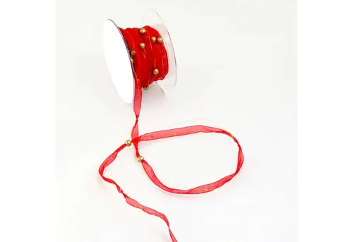 Deko AS Dekoband Schmales rotes Organzaband mit goldfarbenen Perlen - 10mm - 10m - 975