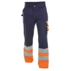 Omaha Warnschutzhose - Dunkelblau/Neonorange, Größe 66 - Arbeits- & Schutzkleidung mit EN ISO 20471 Zertifizierung, ausgestattet mit 70 mm Reflexstreifen für optimale Sichtbarkeit und Sicherheit bei der Arbeit.