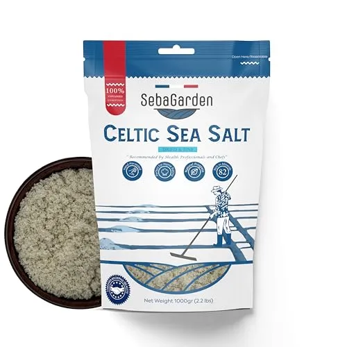 Seba Garden Keltisches Meersalz grau, 1 kg zertifizierter organischer wiederverschließbarer Beutel mit grauem Meersalz, handgeerntet, enthält über 82 essentielle Mineralien (1 kg, Getrocknet & Fein)
