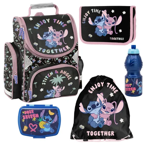 STITCH & ANGEL Schulranzen 5er Set mit Federmäppchen - Schulranzen Set für Jungen und Mädchen, buntes Disney-Design mit praktischen Extras für einen stylischen und organisierten Schulalltag.