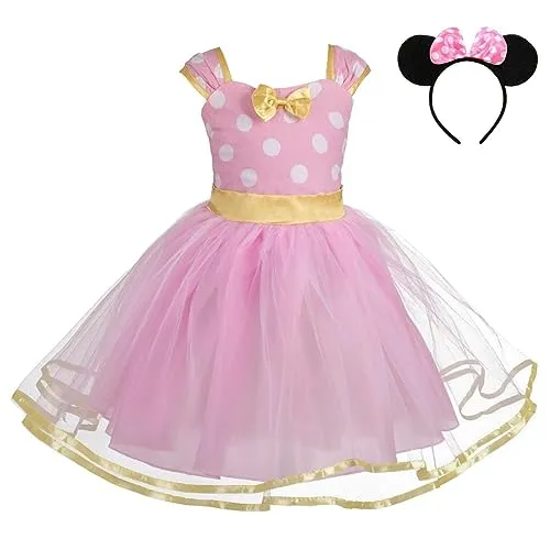 Lito Angels Minnie Mouse Kostüm für Mädchen Kinder, Mini Polka Dot Kleid Verkleidung mit Maus Ohren Haarreif, Größe 4-5 Jahre 110 (Stoffetikett 130), Rosa