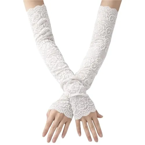 WANTUSHUI Spitze Armstulpen für Damen,Spitzenhandschuhe weiß Handschuhe,Armstulpen Damen Sommer,hochzeit Fingerlose Armsleeve,Arm Stulpen,Lang Hochzeit Braut Blumenhandschuhe (Weiß, Einheitsgröße)