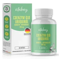 Vitabay Coenzym Q10 Ubiquinol 200mg Kapseln - Hochdosiert & Laborgeprüft - Antioxidant Coenzym Q10 - Hochwertige, laborgeprüfte Kapseln ohne unerwünschte Zusatzstoffe, ideal zur täglichen Ernährungsergänzung mit 200 mg Ubiquinol pro Portion.