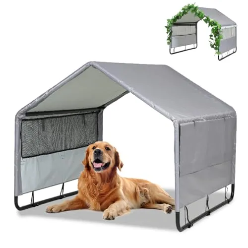 Hundehütte Outdoor für Kleine bis Große Hund, 120x120x100 cm, Wasserdicht Hundezelt für Kleintiere, Hühner, Katzen, Welpen, Hundehütte mit Mesh-Fenstern, Farbe in Grau