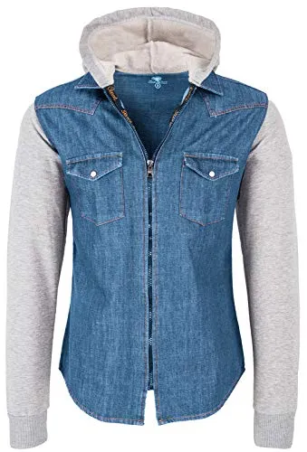 Rock Creek Herren Sweat-Jacke Denim mit Kapuze – Slim-Fit Übergangsjacke Blau XL - Stylische Übergangsjacke von Rock Creek im Denim-Design. Ideal für die Freizeit, taillierter Schnitt für optimalen Sitz und angenehmes Tragegefühl. Mit durchgehendem Reißverschluss und zwei praktischen Brusttaschen.