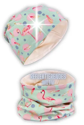 HECKBO 360° Reflektor Kinder Beanie Mütze & Loop Schal Set in pink von HECKBO