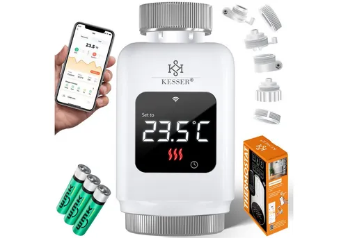 KESSER Heizkörperthermostat mit WLAN & App Steuerung - Intelligentes Heizthermostat für effiziente Heizungssteuerung, kompatibel mit Google Assistant und Amazon Alexa, inklusive 6 Adapter für einfache Montage.