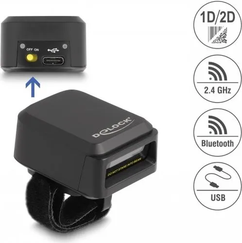 Delock Tragbarer Barcode-Scanner - 100 Scans/Sek. - Barcodescanner mit USB-C, RF(2.4 GHz) und Bluetooth 4.1, ideal für mobile Anwendungen und effiziente Datenerfassung.