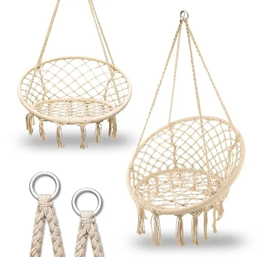 Extralink Hängesessel ohne Gestell im Boho Stil – Hängesessel Outdoor & Indoor für Erwachsene & Kinder, bis 120 kg, Ø 80cm, Komfort Hängeschaukel für Terrasse und Garten, Wetterfest, Beige
