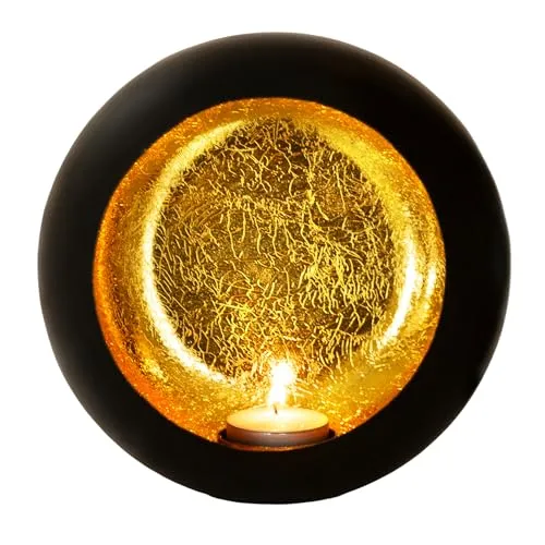 Gadgy Teelichthalter Schwarz Gold - Windlicht Esstisch Deko - Teelichthalter Metall rund - Windlicht Metall Deko schwarz - Tischdeko Windlicht schwarz - Wohndeko 17 x 10 cm