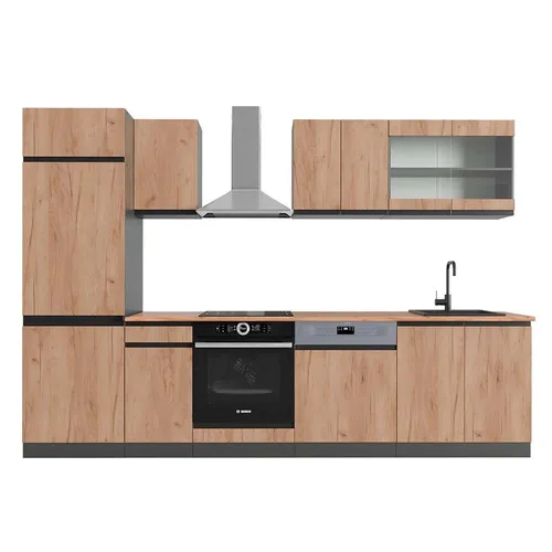 Vicco Küchenzeile R-Line 300 cm, Goldkraft Eiche/Anthrazit - Moderne Küchenzeile mit höhenverstellbaren Füßen für ergonomisches Kochen. Ideal für individuelle Anpassungen und als Komplettlösung für Ihre Küche.