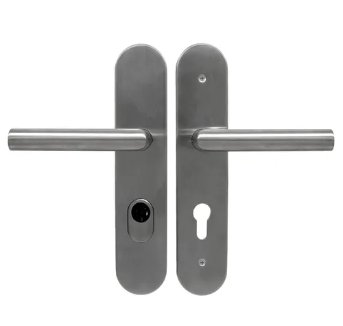 Edelstahl Wohnungstür Schutzbeschlag 1587 L-Form WE-72mm ES1 Dr/Dr Türdrücker - Türgriff-Set aus Edelstahl mit Kernziehschutz, ideal für Wohnungstüren, schwere Ausführung, geprüft nach DIN-Standards, für Türstärken von 35-47 mm.
