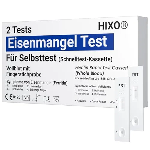 2x Eisenmangel Test (Ferritin) – Heimtest zur Kontrolle des Eisenwerts – Selbsttest Blut aus Fingerkuppe – Ergebnis in 5 Min – Ohne Laboranalyse – Früherkennung Zuhause