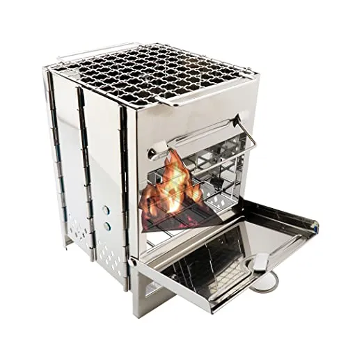 Abcsea 1 Pcs Tragbarer Campingkocher Edelstahl, Camping Stove Wood mit Grillgitter, Holzofen Camping ür Outdoor-Wandern, Campingkocher Ohne Brennstoff