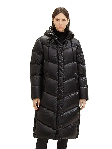 TOM TAILOR Damen Recycled Down Puffer Mantel mit abnehmbarer Kapuze, deep black, XL