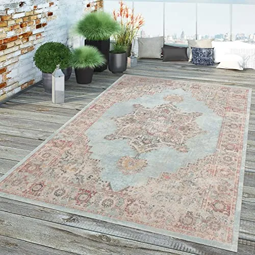 TT Home In-& Outdoor Teppich Küche Wohnzimmer Wetterfest Balkon Vintage Design Abstrakt, Farbe:Türkis, Größe:60x100 cm