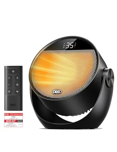 Dreo Heizlüfter Energiesparend Klein mit Fernbedienung - Tragbarer Elektroheizkörper mit 1500W für schnelle Wärme in nur 2 Sekunden. Leise im Betrieb (34 dB) und mit 8 Sicherheitsfunktionen für sorgenfreies Heizen.