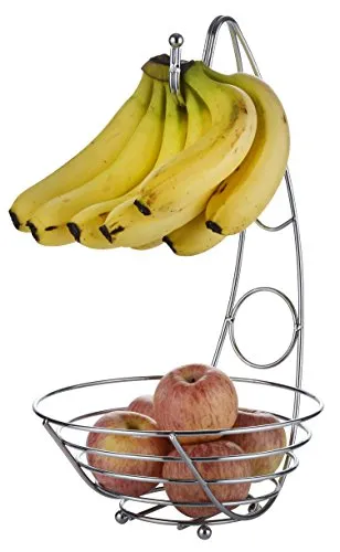 Exzact Obstkorb mit Bananenhaken 43cm Hoch/Früchtekorb/Bananenhalter/Gemüsekorb/Obstschale mit Bananenhaken, Silber verchromt