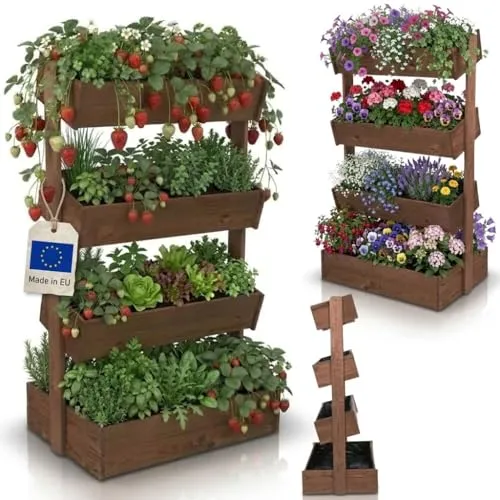 MODO24 Vertikales Blumenregal aus Holz, 4 Ebenen, wetterfest, für Indoor & Outdoor - Vielseitiges Pflanzenregal aus FSC-zertifiziertem Holz mit 4 verstellbaren Ebenen. Optimal für die Präsentation Ihrer Pflanzen und Kräuter, ideal für jeden Wohnstil. Wetterfest und langlebig – perfekt für drinnen und draußen.