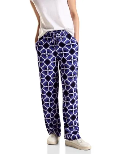 STREET ONE Damen A377879 Viskose Hose mit Print - Violet Blue - Damen-Hosen in Loose Fit High Waist, ideal für den Sommer mit Gummibund, Tunnelzug und stylishem grafischen Muster.