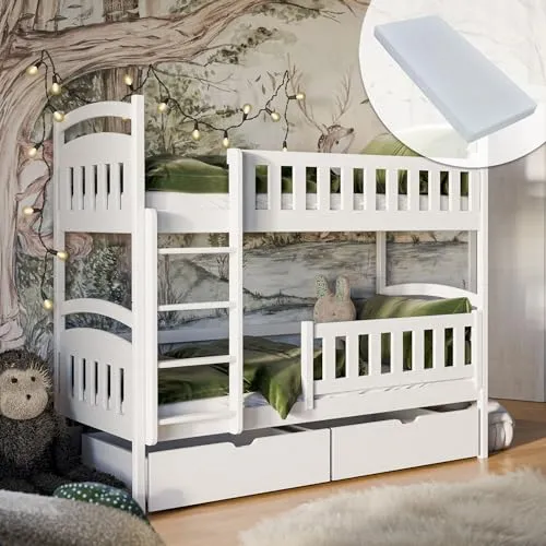 Kids Collective Hochbett 90x200 cm Etagenbett mit Zwei Matratzen und Zwei Schubladen, Lattenrost, Rausfallschutz, umbaubar in Zwei Einzelbetten weiß Kinderbett 90x200 cm von 4. bis 18. Lebensjahr