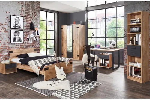 möbel-direkt.de Jugendzimmer-Set Liverpool, 6-tlg. Komplett Set, Made in Germany - Komplettzimmer in Plankeneiche mit Graphit-Akzenten, inklusive hochwertiger 7-Zonen Kaltschaummatratze für optimalen Schlafkomfort und ergonomische Unterstützung.