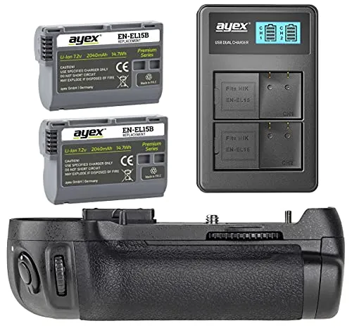 ayex Batteriegriff für Nikon D800 D810 mit 2 x EN-EL15B Akkus - Kamera-Akkus Set mit ergonomischem Batteriegriff, verdoppelt die Leistung und beinhaltet 2 langlebige ayex Akkus sowie ein praktisches USB Dual-Ladegerät mit LCD-Display.
