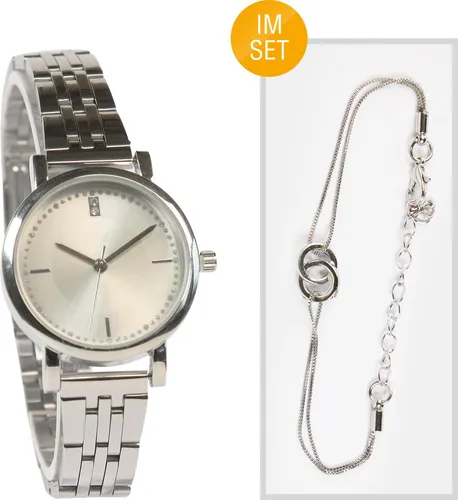 Miraval Damen Armbanduhr Silber mit Edelstahlarmband & weißem Zifferblatt – Quarzuhr mit Schmuck-Set, Ø 31 mm